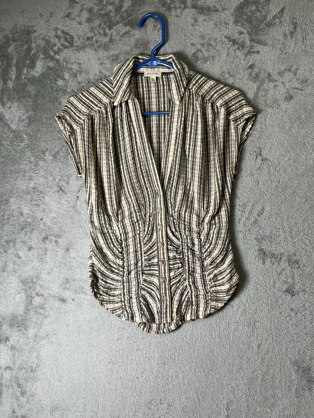 Pilcro Striped Button Front Pintuck Blouse Short Sleeve Tunic Top XXS Neutral